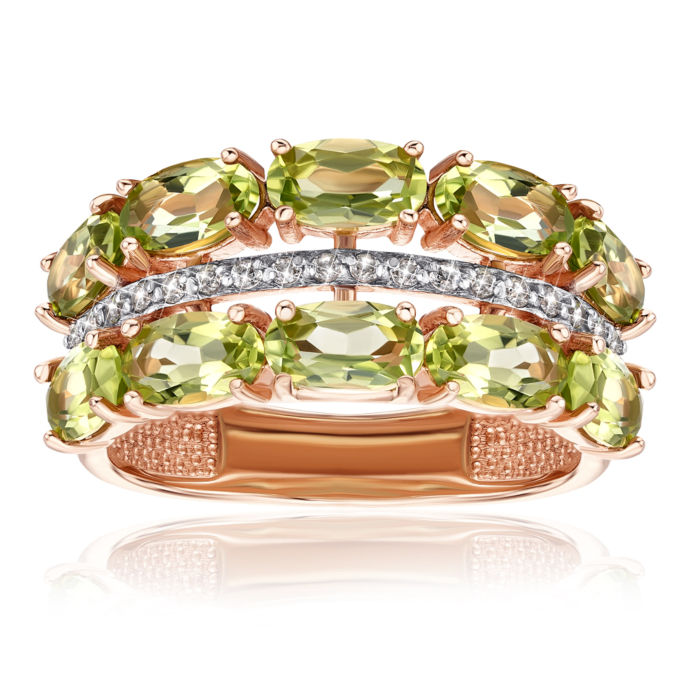 Золотое кольцо с хризолитами и фианитами. Артикул 530278/01/1/6130