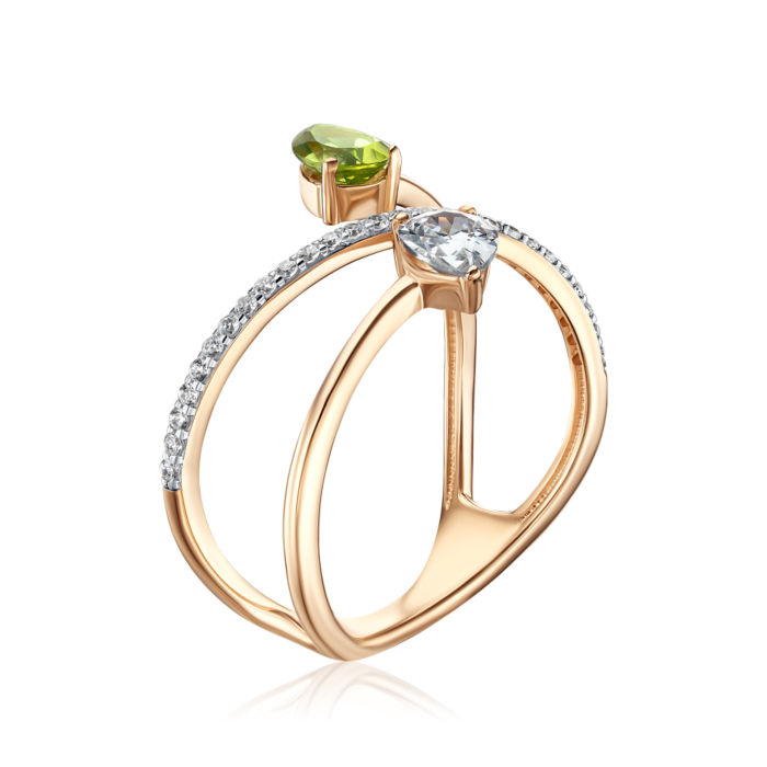 Золотое кольцо с хризолитом и фианитами 530477/01/1/7982