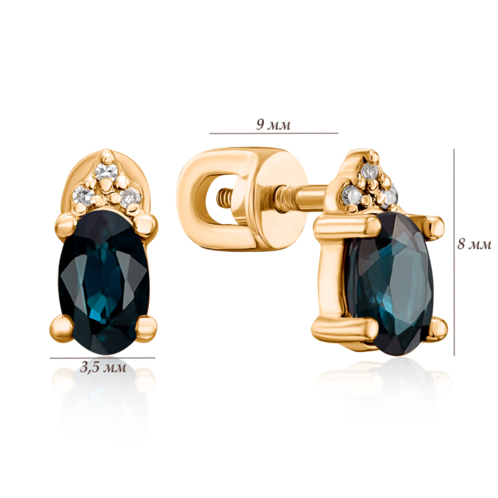 Золоті сережки-пусети з сапфіром та діамантами 53718/01/1/8051