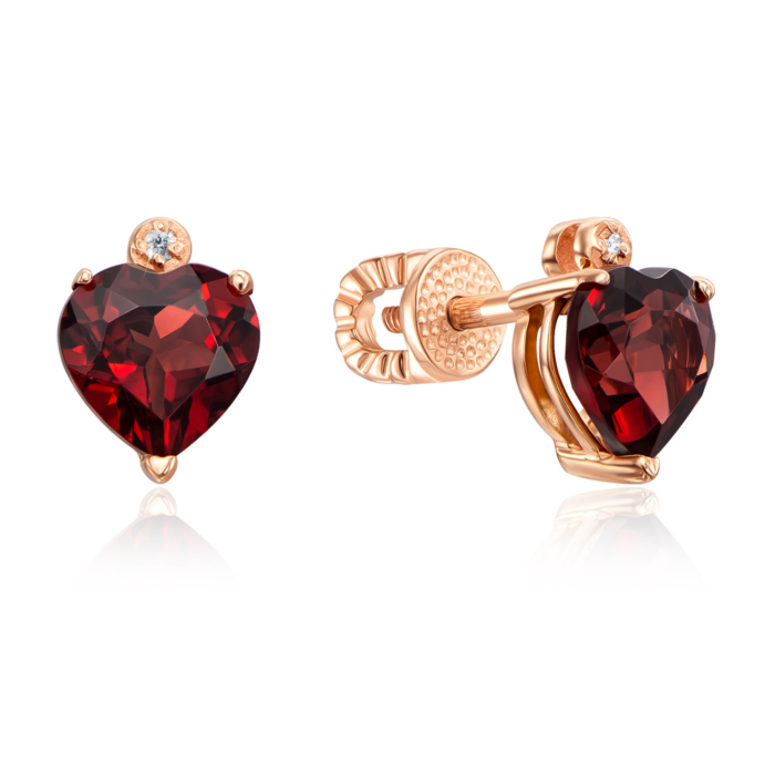 Золотые пуссеты с гранатом и фианитом. Артикул 540005/01/0/5619