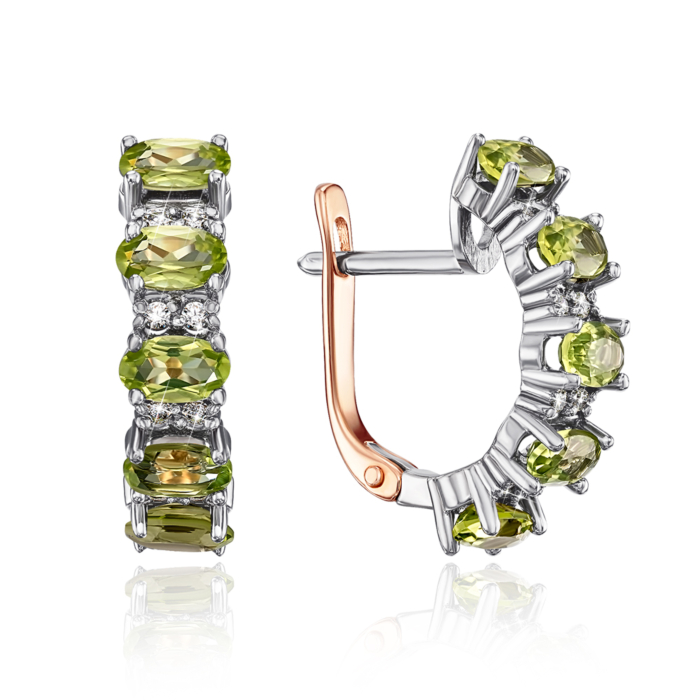 Золотые серьги с хризолитом и фианитами. Артикул 540009/01/1/5726