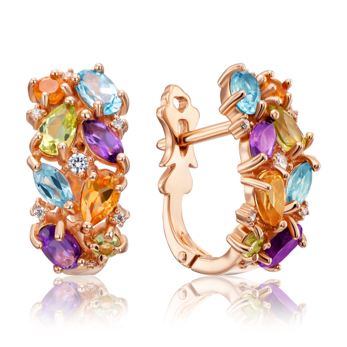 Золотые серьги с миксом полудрагоценных камней. Артикул 540029/01/0/5593