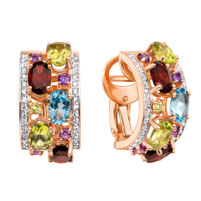 Золоті сережки з міксом напівдорогоцінного каміння. Артикул 540031/01/1/5356