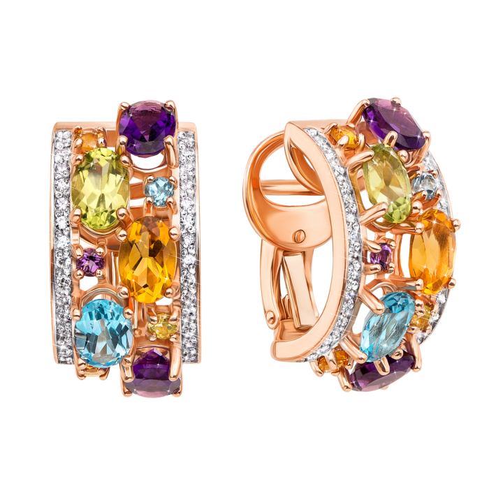 Золотые серьги с миксом полудрагоценных камней. Артикул 540031/01/1/5473