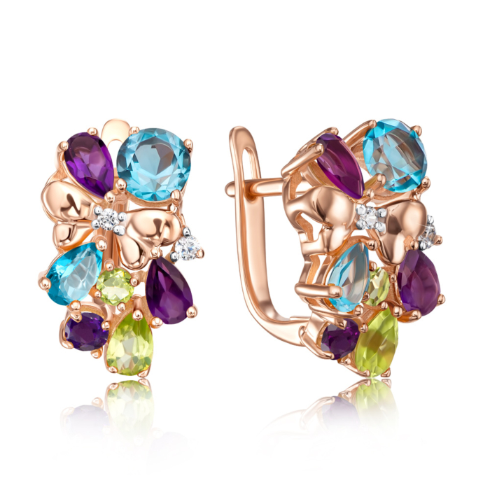 Золоті сережки з міксом напівдорогоцінного каміння. Артикул 540032/01/1/5546