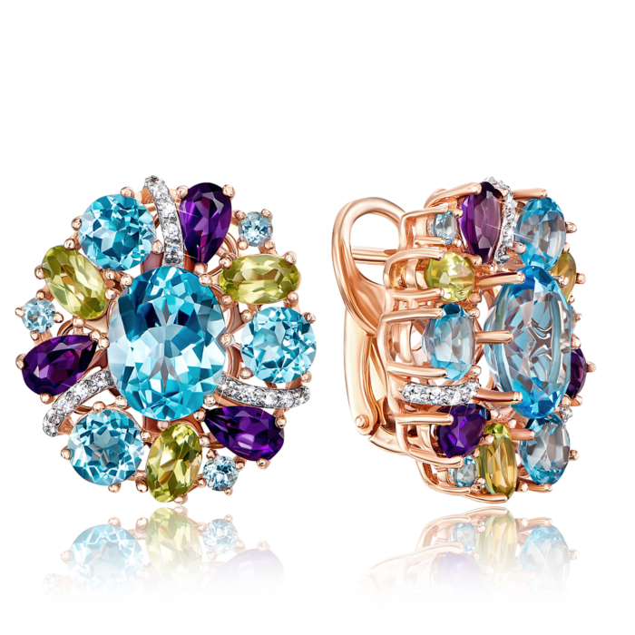 Золоті сережки з міксом напівдорогоцінного каміння. Артикул 540033/01/1/5469