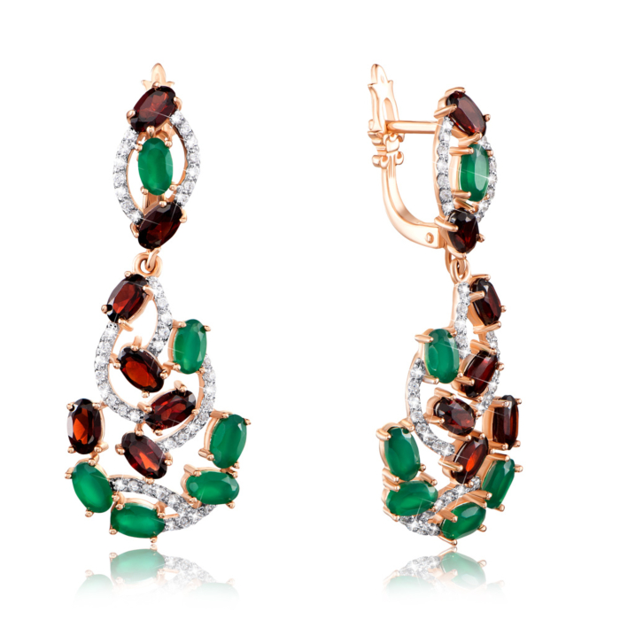 "Золотые серьги-подвески с агатом