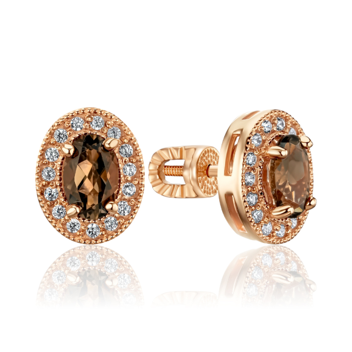 Золоті сережки-пусети з раухтопазом та фіанітами 540064/01/0/5138