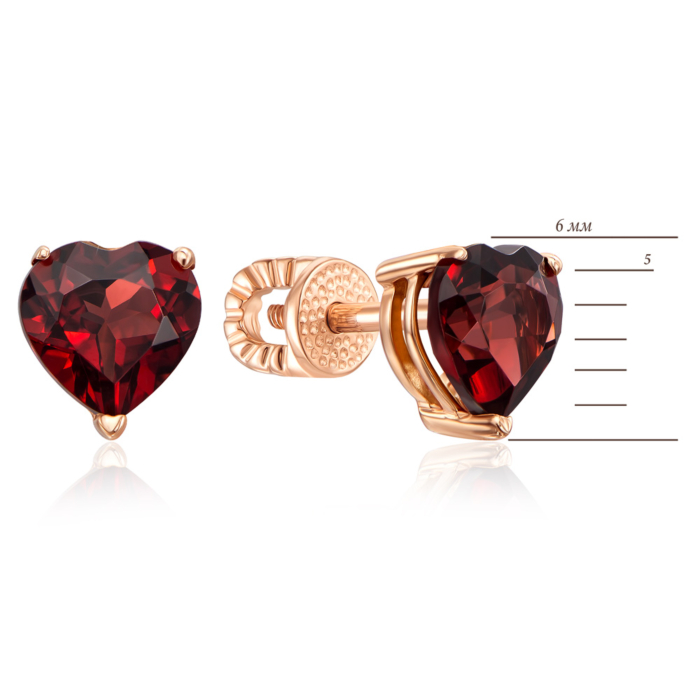 Золотые пуссеты «Сердце» с гранатом. Артикул 540069/01/0/6103