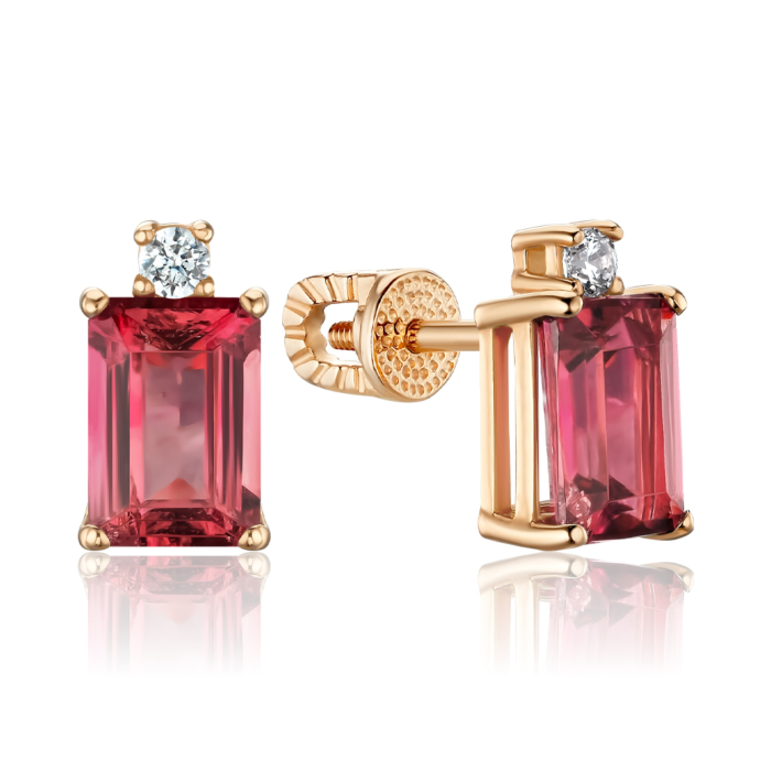 Золотые серьги-пуссеты с розовым турмалином и фианитом 540081/01/0/7787