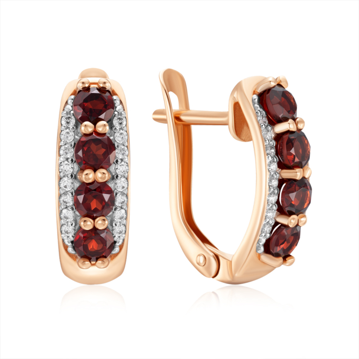 Золоті сережки з гранатом та фіанітами. Артикул 540201/01/1/5211