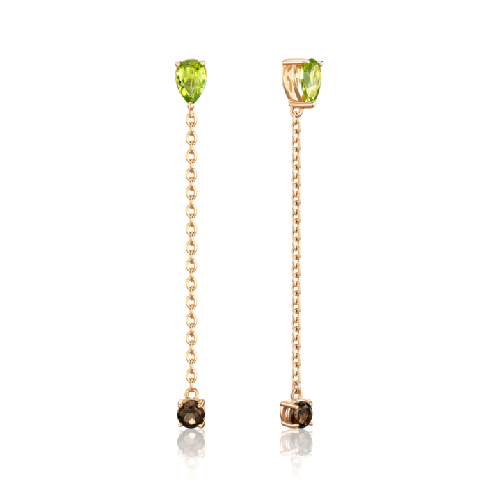 Золотые серьги с хризолитом и раухтопазом 540274/01/0/16036