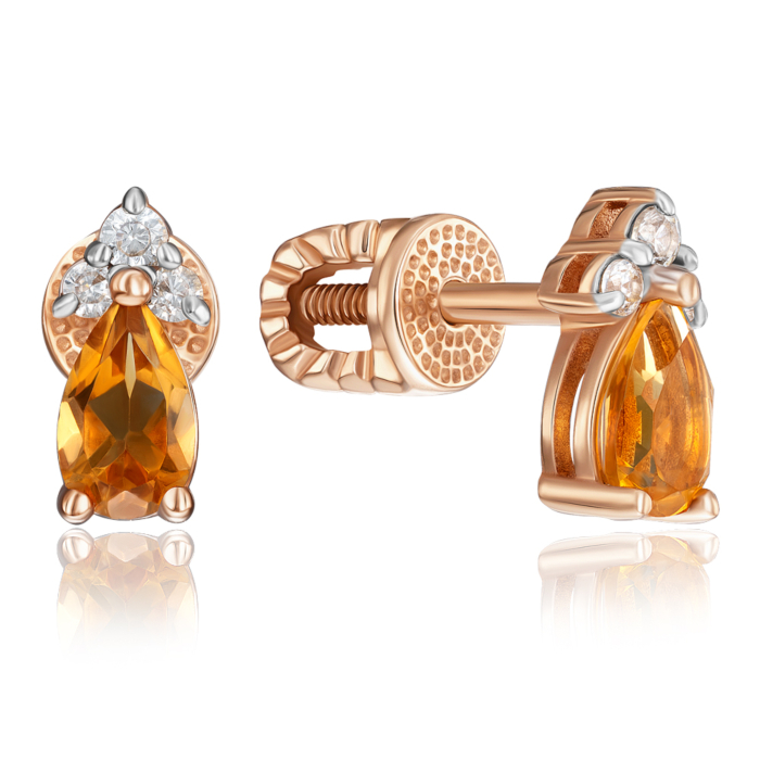 Золоті пусети з цитрином та фіанітами. Артикул 540289/01/1/7920