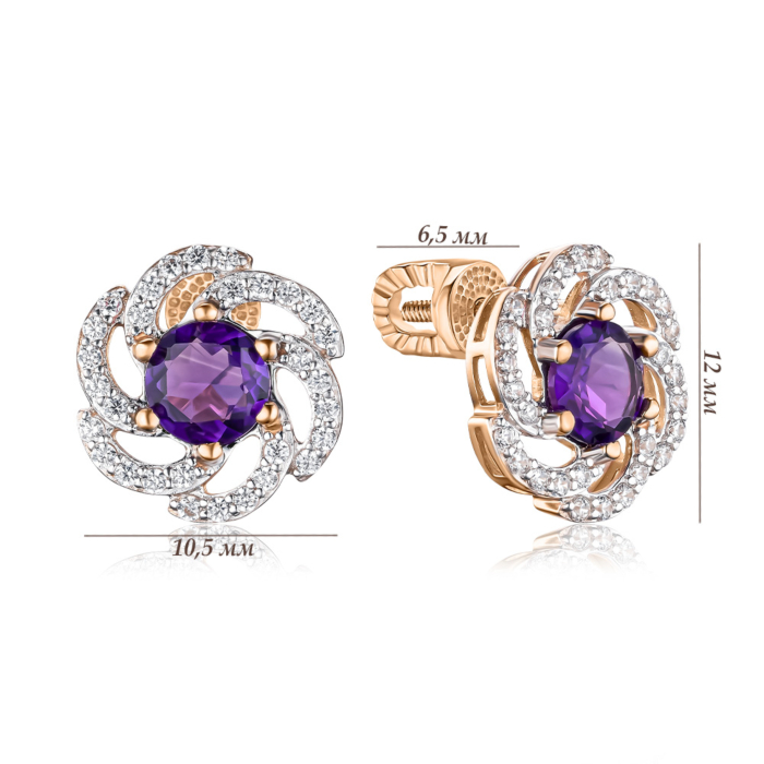 Золоті сережки-пусети з аметистом та фіанітами 540317/01/1/5762