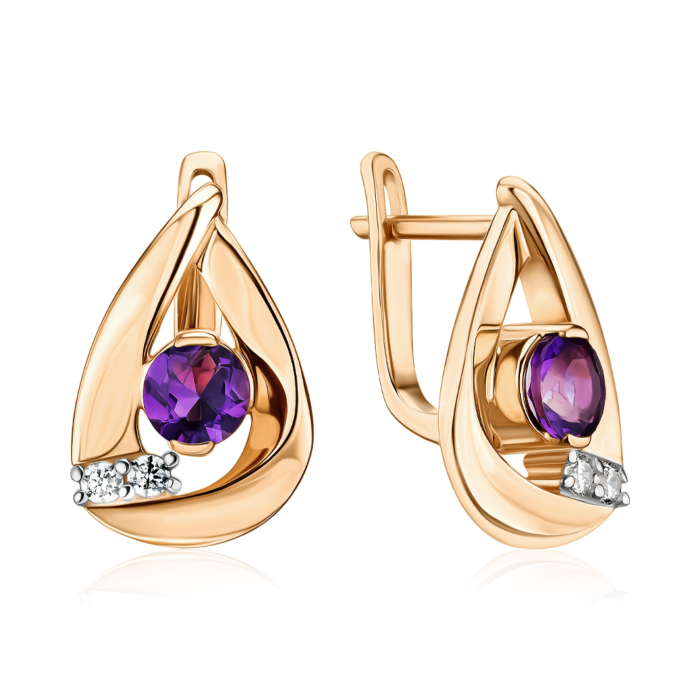 Золоті сережки з аметистом та фіанітами. Артикул 540329/01/1/7324