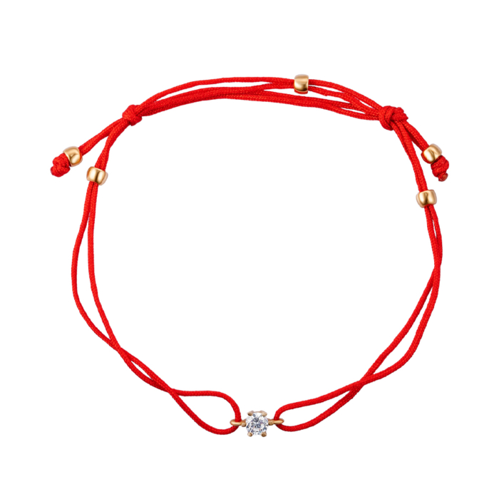 Шовковий червоний браслет з золотими вставками та фіанітом. Артикул 7158-1/01/0/29