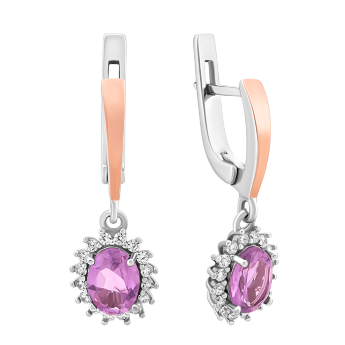 Серебряные серьги-подвески с аметистом и фианитами. Артикул UG5847С.а.Rh