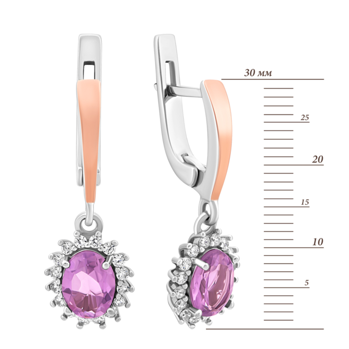 Серебряные серьги-подвески с аметистом и фианитами. Артикул UG5847С.а.Rh