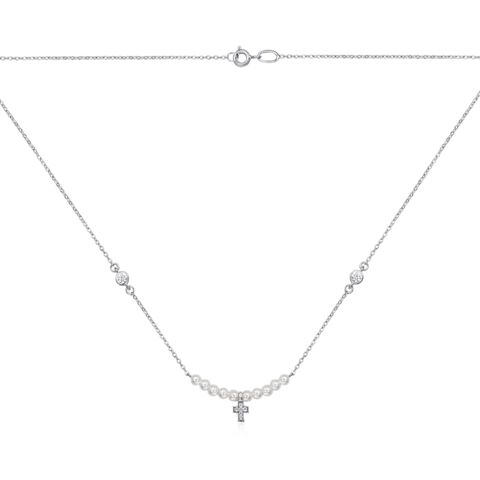 Серебряное колье с искусственными жемчугом и фианитами 96097/66024-3/12/1/21513