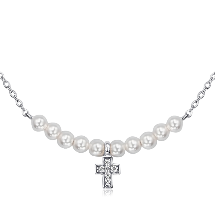 Серебряное колье с искусственными жемчугом и фианитами 96097/66024-3/12/1/21513