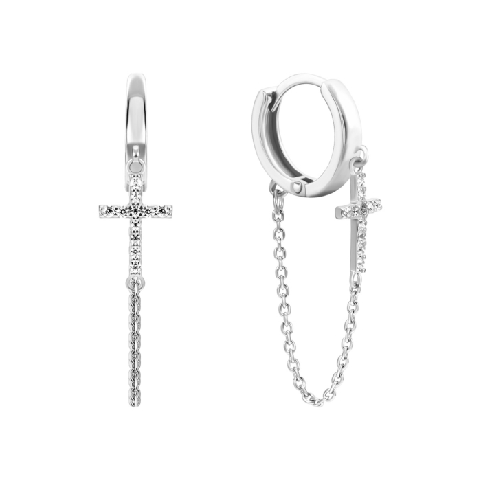 Серебряные серьги-конго Крестики с цепочкой и фианитами. Артикул UG520567