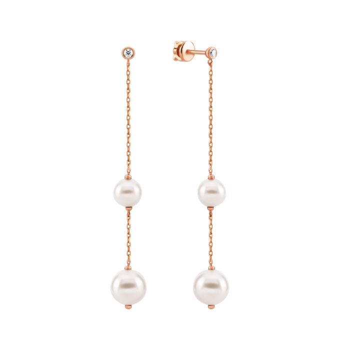 Золоті сережки-підвіски з перлами та фіанітами. Артикул UG5210823010101п