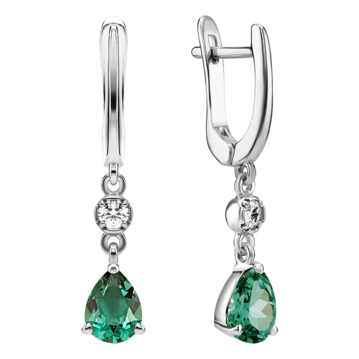 Срібні сережки-підвіски з зеленим кварцом та фіанітами. Артикул UG52525/1р-QGR