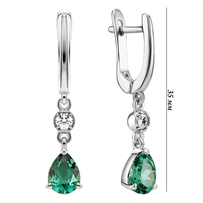 Срібні сережки-підвіски з зеленим кварцом та фіанітами. Артикул UG52525/1р-QGR