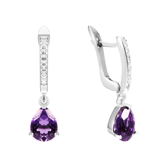 Срібні сережки-підвіски з аметистом та фіанітами. Артикул UG52529/1р-AMET