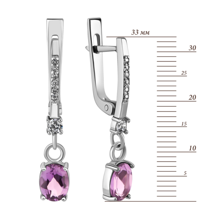 Срібні сережки-підвіски з аметистом та фіанітами. Артикул UG5с1272аметRh
