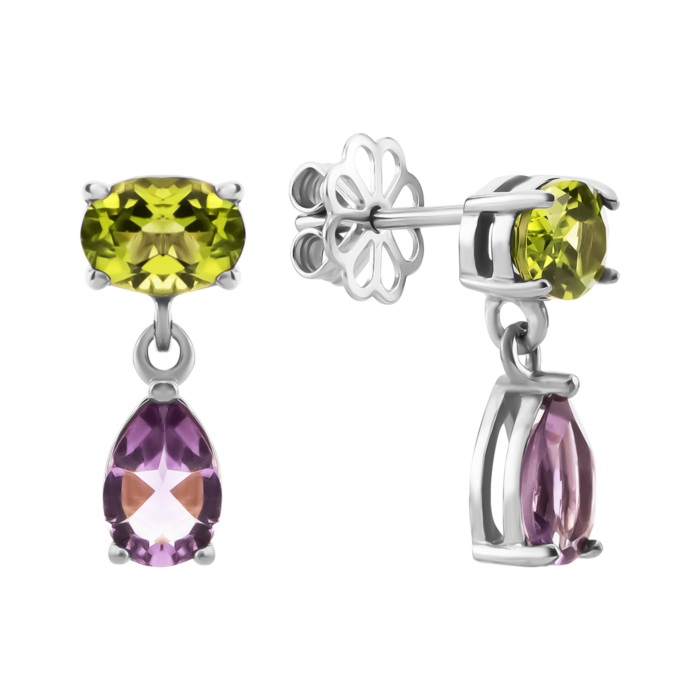 Серебряные серьги-подвески с перидотом и аметистом. Артикул UG5с1309Rh