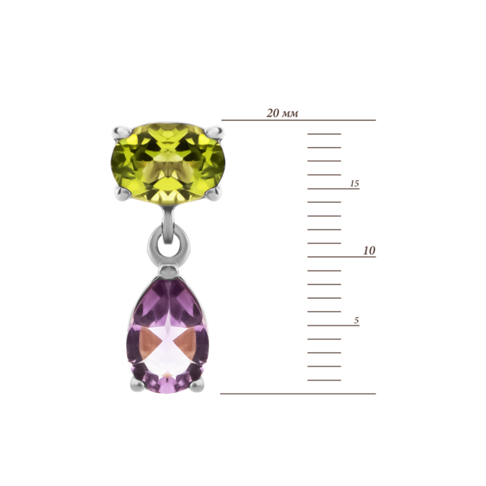 Серебряные серьги-подвески с перидотом и аметистом. Артикул UG5с1309Rh