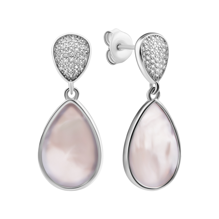 Серебряные серьги-подвески с перламутром и фианитами. Артикул UG5SZDE16410