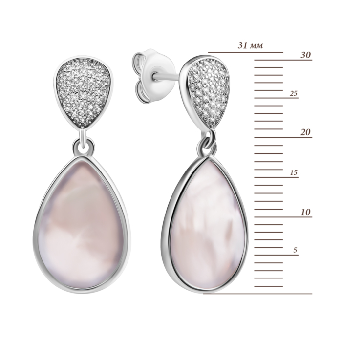 Серебряные серьги-подвески с перламутром и фианитами. Артикул UG5SZDE16410