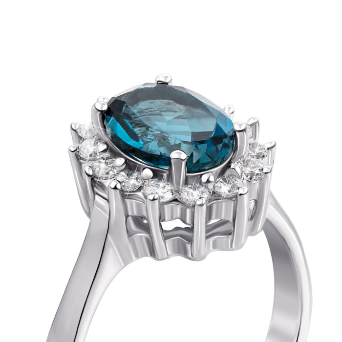 Срібна каблучка з лондон-топазом і фіанітами. Артикул Тд0004/топld-R