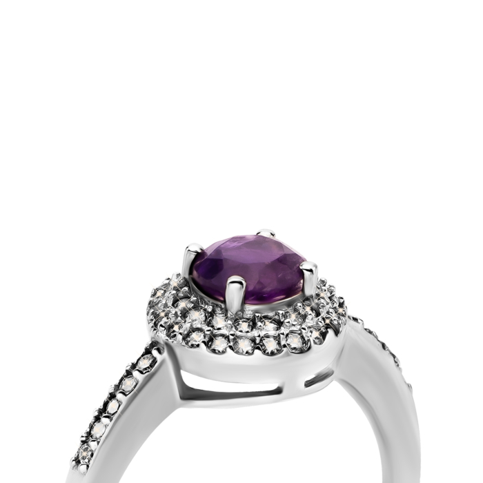 Срібна каблучка з аметистом та фіанітами. Артикул UG5Тд0032/ам-R