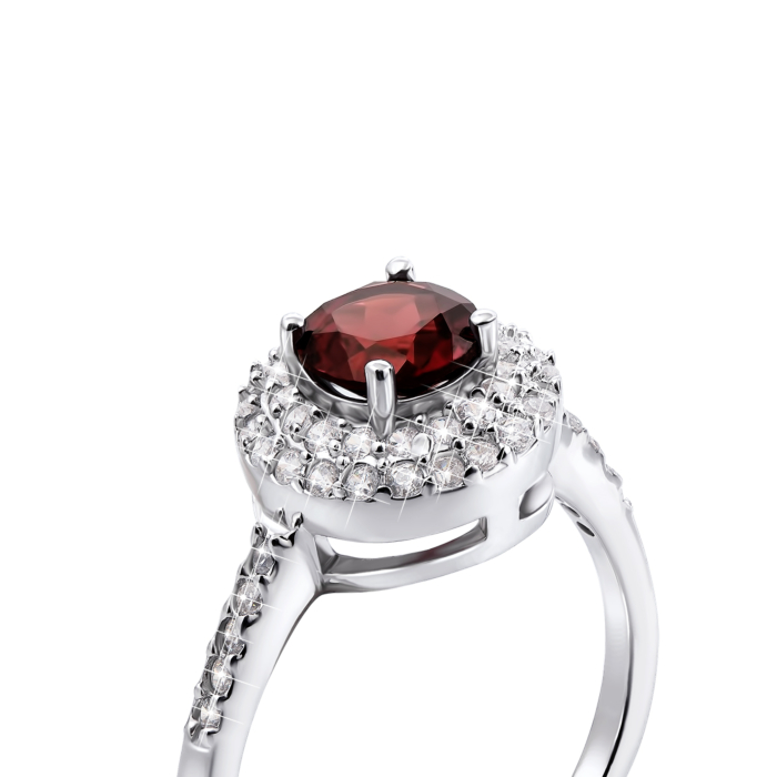 Срібна каблучка з гранатом і фіанітами. Артикул Тд0012/гр-R