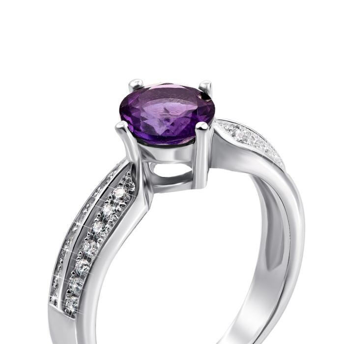 Срібна каблучка з аметистом і фіанітами. Артикул Тд0018/ам-R