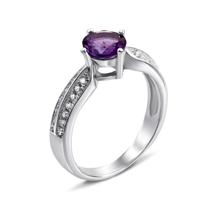 Срібна каблучка з аметистом і фіанітами. Артикул Тд0018/ам-R