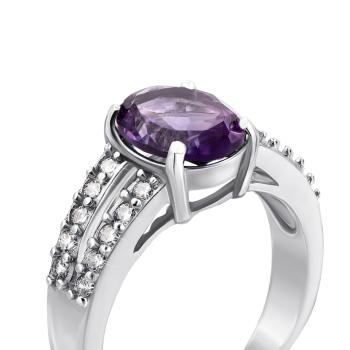 Срібна каблучка з аметистом і фіанітами. Артикул Тд0002/ам-R
