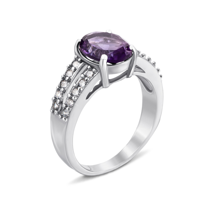 Срібна каблучка з аметистом і фіанітами. Артикул Тд0002/ам-R