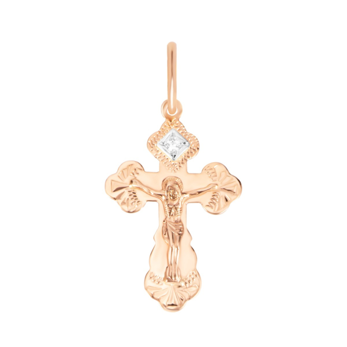 Золотий хрестик з фіанітом. Розп'яття Христове. Артикул UG5к055