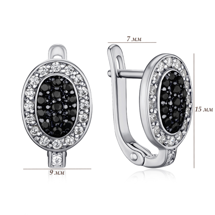 Срібні сережки з чорними та білими фіанітами с40301/ч