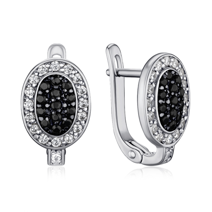 Срібні сережки з чорними та білими фіанітами с40301/ч