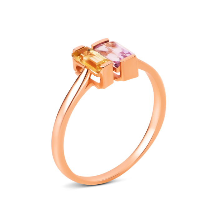 Золота каблучка з лимонним кварцом та аметистом. Артикул UG51111025001