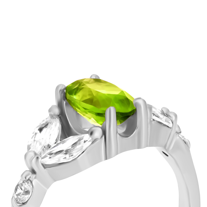 Срібна каблучка з перидотом і фіанітами. Артикул UG5к1277перRh