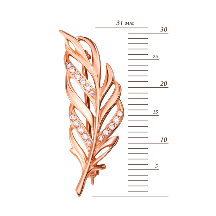 Золота брошка-булавка Перо з фіанітами. Артикул UG5БШ128и