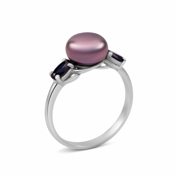 Серебряное кольцо с жемчугом и гидротермальным сапфиром. Артикул UG51484ч/1р-PBLHS