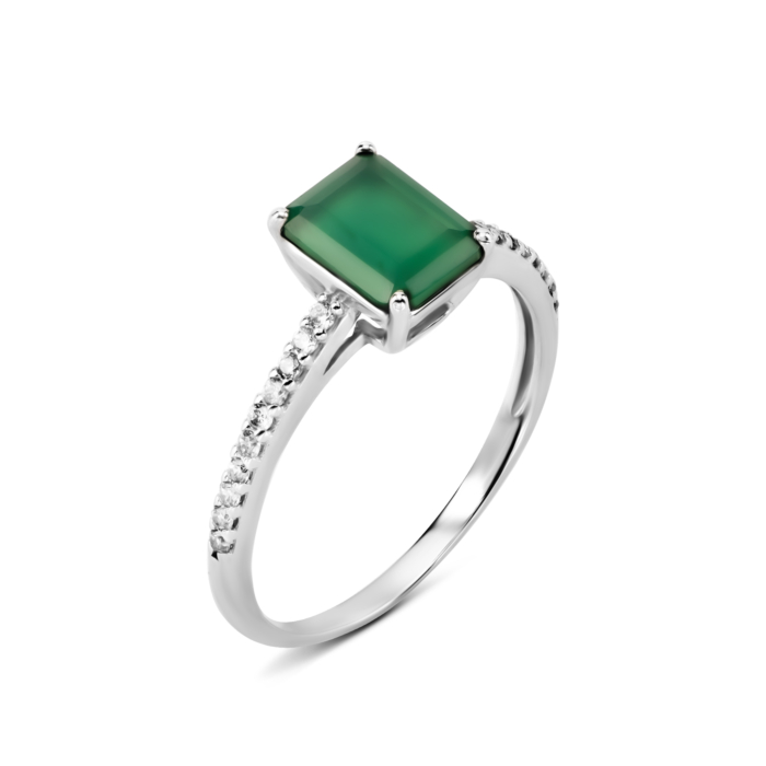 Срібна каблучка з зеленим агатом та фіанітами. Артикул UG51826/1р-GRAG