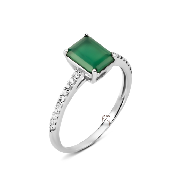 Срібна каблучка з зеленим агатом та фіанітами. Артикул UG51826/1р-GRAG